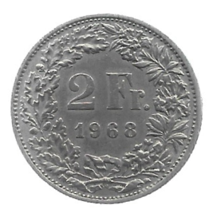 MOEDA DA SUÍÇA 2 FRANCOS 1968 KM 21 A