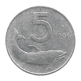 MOEDA DA ITÁLIA 5 LIRAS 1966 KM 92