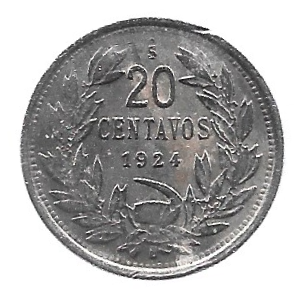 MOEDA DO CHILE 20 CENTAVOS 1924 KM 167