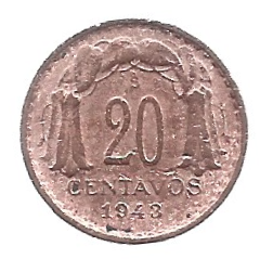 MOEDA DO CHILE 20 CENTAVOS 1943 KM 177