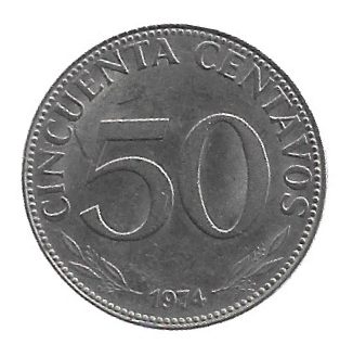 MOEDA DA BOLÍVIA 50 CENTAVOS 1974 KM 190