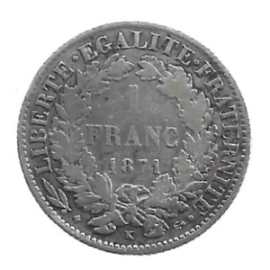 MOEDA DA FRANÇA 1 FRANCO 1871 KM 822.1 PRATA