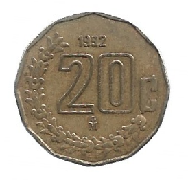 MOEDA DO MÉXICO 20 CENTAVOS 1992 KM 548