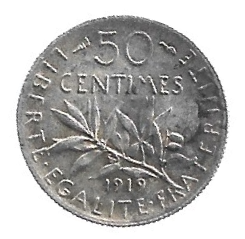 MOEDA DA FRANÇA 50 CENTAVOS 1919 KM 854 PRATA