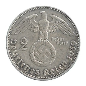 MOEDA DA ALEMANHA 2 REISCHMARK 1939 J  KM 93 PRATA
