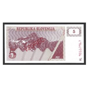 CÉDULA DA ESLOVÊNIA 5 TOLARJEV 1990 P 35 SPECIMEN SOB/FE