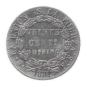 MOEDA DA BOLÍVIA 20 CENTAVOS 1881 PRATA