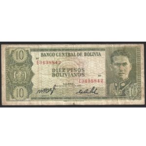CÉDULADA BOLÍVIA 10 BOLIVIANOS 1962 BC/MBC