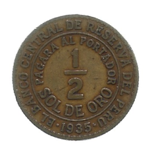 MOEDA DO PERU 1/2 SOL DE ORO 1935 KM 220.1