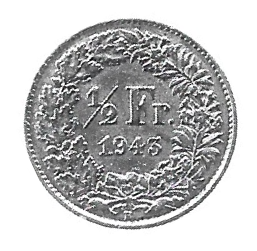 MOEDA DA SUÍÇA 1/2 FRANCO 1943 KM 23 PRATA