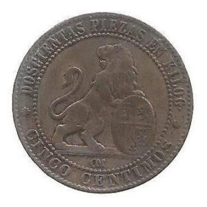 MOEDA DA ESPANHA 5 CENTAVOS 1870 KM 662