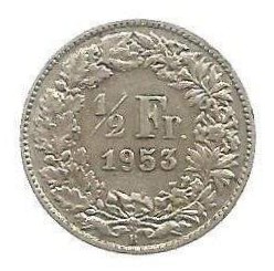 MOEDA DA SUÍÇA 1/2 FRANCO 1953 B KM 23 PRATA