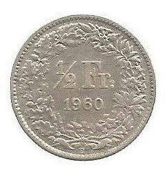 MOEDA DA SUÍÇA 1/2 FRANCO 1960 B KM 23 PRATA