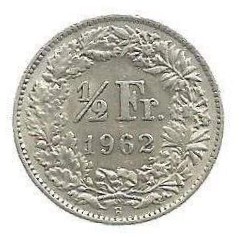 MOEDA DA SUÍÇA 1/2 FRANCO 1962 B KM 23 PRATA