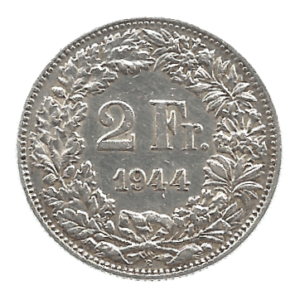 MOEDA DA SUÍÇA 2 FRANCOS 1944 KM 21 PRATA