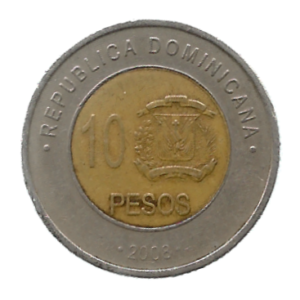 MOEDA DA REPÚBLICA DOMINICANA 10 PESOS 2008 KM 106
