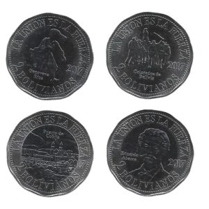 MOEDA DA BOLÍVIA 2 BOLIVIANOS 2017 CONJ. 4 MOEDAS