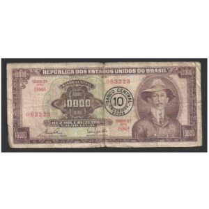 CÉDULA DO BRASIL 10 CRUZEIROS NOVOS CARIMBO C 128 BC/MBC