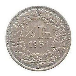 MOEDA DA SUÍÇA 1/2 FRANCO 1951 B KM 23 PRATA