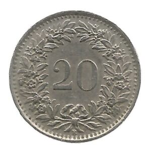 MOEDA DA SUÍÇA 20 RAPPEN 1969 KM 29 A