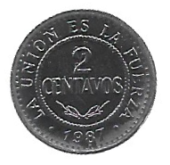 MOEDA DA BOLÍVIA 2 CENTAVOS 1987 KM 200