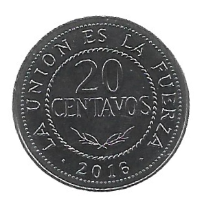 MOEDA DA BOLÍVIA 20 CENTAVOS 2016 KM 215