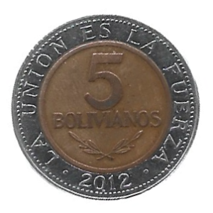 MOEDA DA BOLÍVIA 5 BOLIVIANOS 2012 KM 219