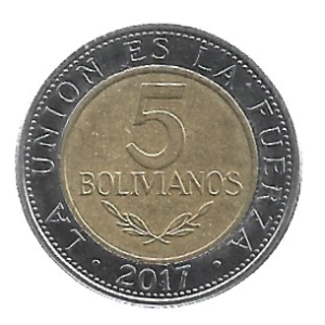 MOEDA DA BOLÍVIA 5 BOLIVIANOS 2017