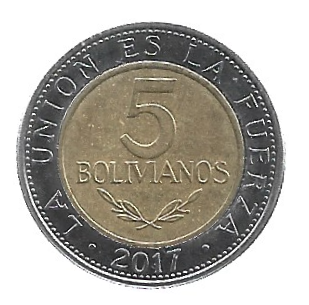 MOEDA DA BOLÍVIA 5 BOLIVIANOS 2017