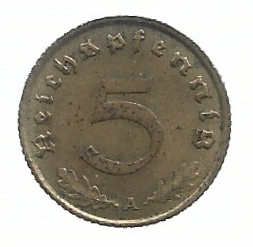 MOEDA DA ALEMANHA 5 REICHSPFENNIG 1938 A KM 91