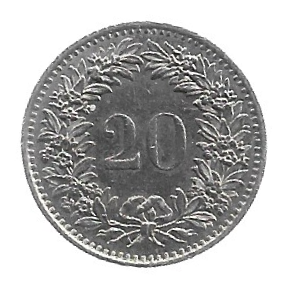 MOEDA DA SUÍÇA 20 RAPPEN 1976 KM 29 A