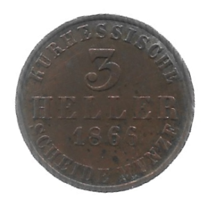 MOEDA DA ALEMANHA ( HESSE - CASSEL) 3 HELLER 1866 KM 612