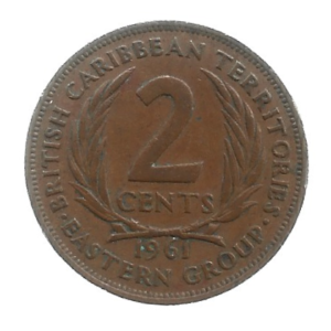 MOEDA DO CARIBE ORIENTAL BRITÂNICO 2 CENTS 1961 KM 3