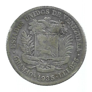 MOEDA DA VENEZUELA 2 BOLÍVARES 1935 KM 23 PRATA