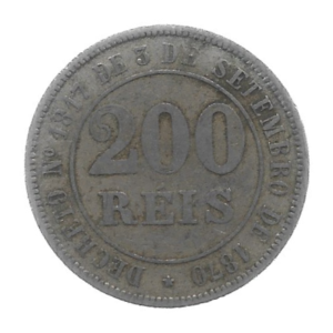 MOEDA DO BRASIL 200 RÉIS 1871 V 016 MBC/SOB