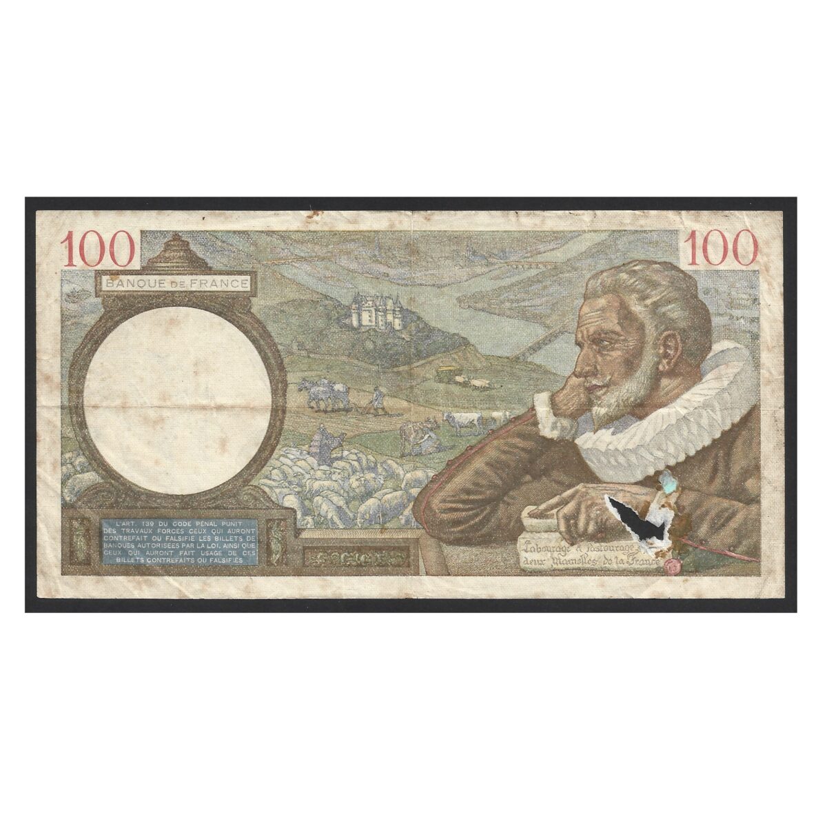 CÉDULA DA FRANÇA 100 FRANCOS 1940 BC POSSUI UM RASGO - Imagem 2
