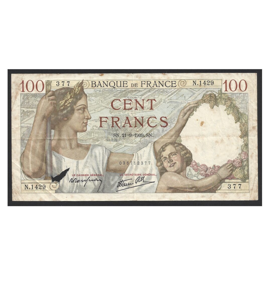 CÉDULA DA FRANÇA 100 FRANCOS 1940 BC POSSUI UM RASGO