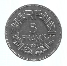 MOEDA DA FRANÇA 5 FRANCOS 1933 KM 888