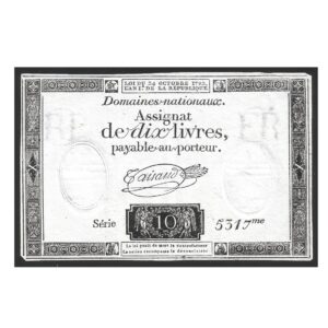 CÉDULA DA FRANÇA ASSIGNAT 10 LIVRES 1792 SOB/FE