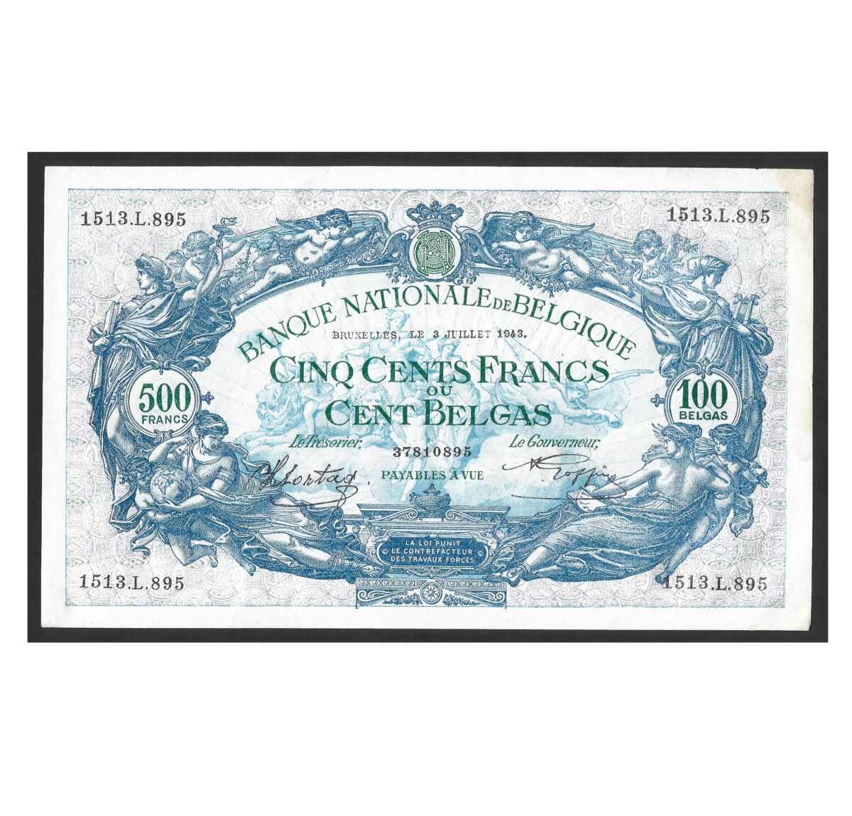 CÉDULA DA BÉLGICA 500 FRANCOS - 100 BELGAS 1943 SOBERBA