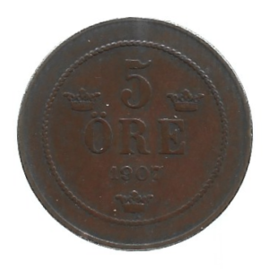 MOEDA DA SUÉCIA 5 ORE 1907 KM 770