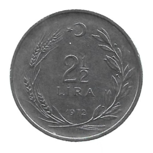 MOEDA DA TURQUIA 2 1/2 LIRA 1972 KM 893.2