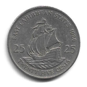 MOEDA DO CARIBE ORIENTAL BRITÂNICO 25 CENTS 1986 KM 14
