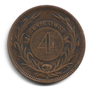 MOEDA DO URUGUAI 4 CENTÉSIMOS 1869 KM 13