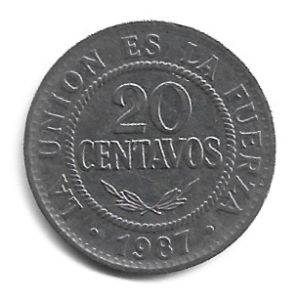 MOEDA DA BOLÍVIA 20 CENTAVOS 1987 KM 203