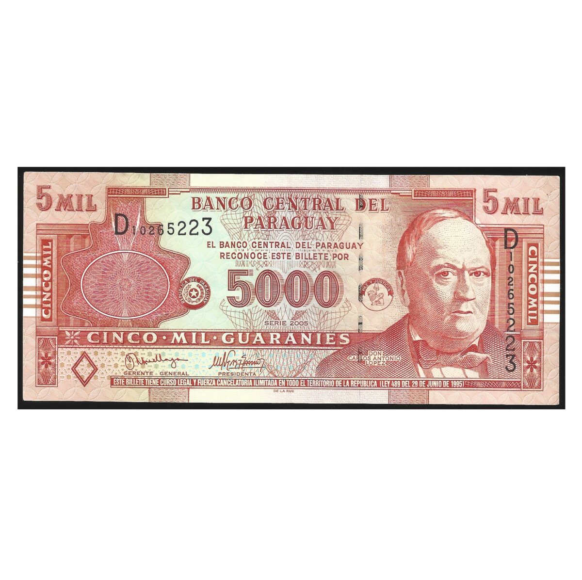 CÉDULA DO PARAGUAI 5000 GUARANIS 2005 SOBERBA
